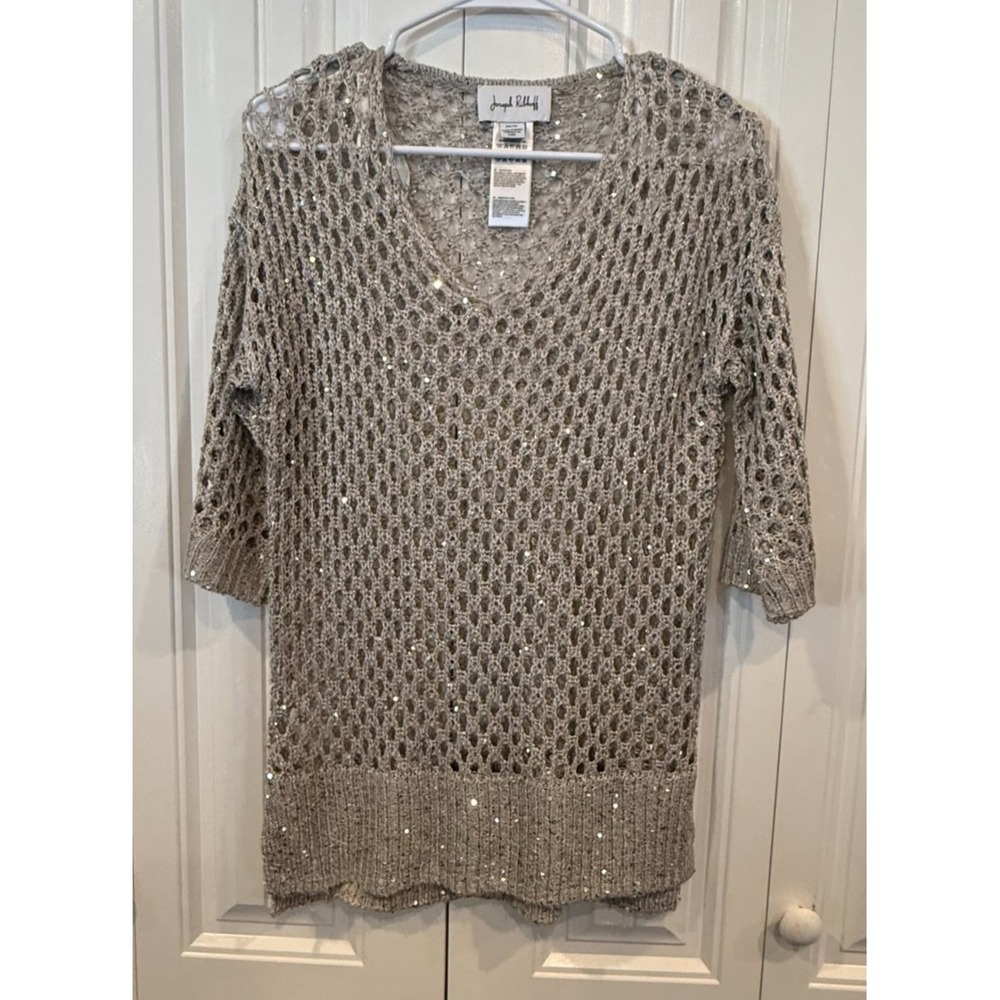 Joseph Ribkoff Women's XS Silver Metallic Sequin Open Knit V-Neck Sweater 3/4 Sl
